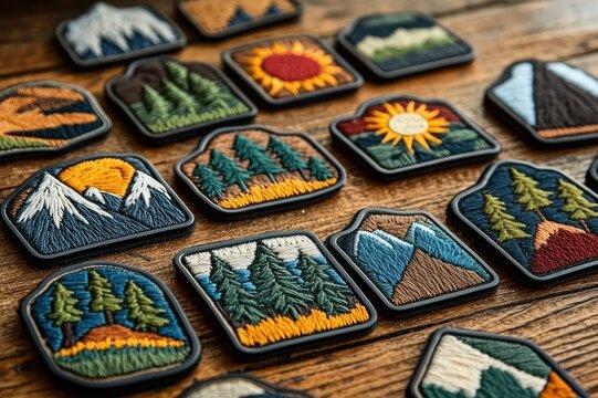 Assortment of embroidered nature patches with mountains, forests, suns and trees on a wooden table, evoking cozy handcrafted outdoor nostalgia