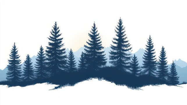 tranquil blue silhouette of pine forest on snowy ridge with layered mountains and soft rising sun