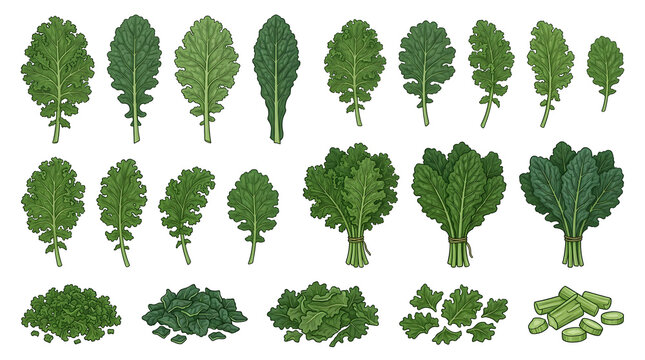 Fresh organic kale leaves bunches and chopped pieces set