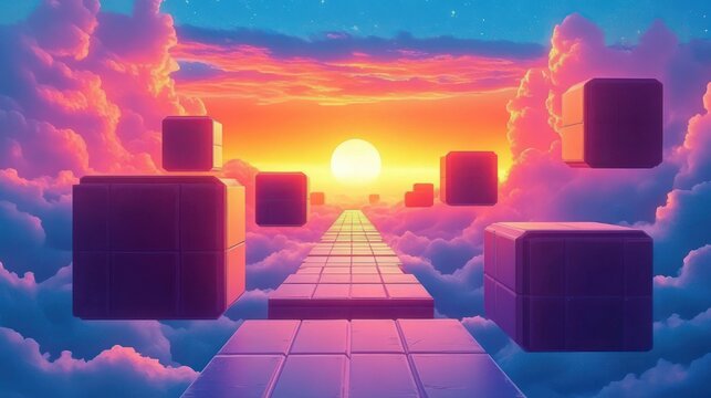 Dreamlike tiled pathway through clouds toward a glowing sun with floating cubic blocks in a vibrant, serene sunset sky