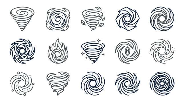 Tornado and whirlwind storm weather line icons.