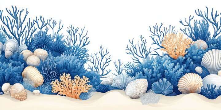 tranquil underwater seabed with blue branching coral, peach sea fans and assorted seashells on soft white sand