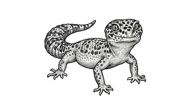 Leopard gecko engraving isolated on white background.