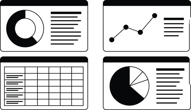 Data analytics dashboard interface vector set with black outline panel layout templates displaying charts graphs tables and report statistics
