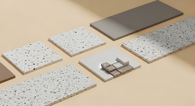 A collection of assorted stone and composite countertop material samples arranged on a neutral beige background representing modern interior design trends.