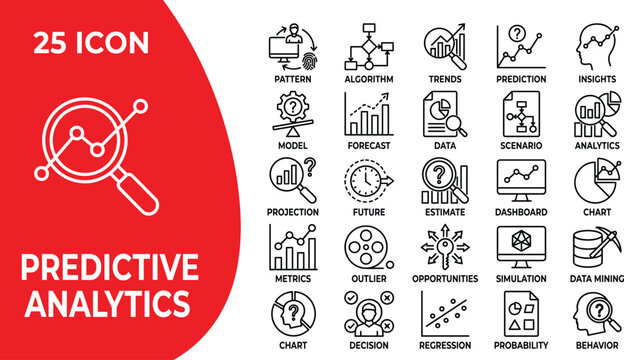 Predictive analytics business icon set containing twenty-five black outline symbols for data forecasting algorithm trends model simulation and business strategy