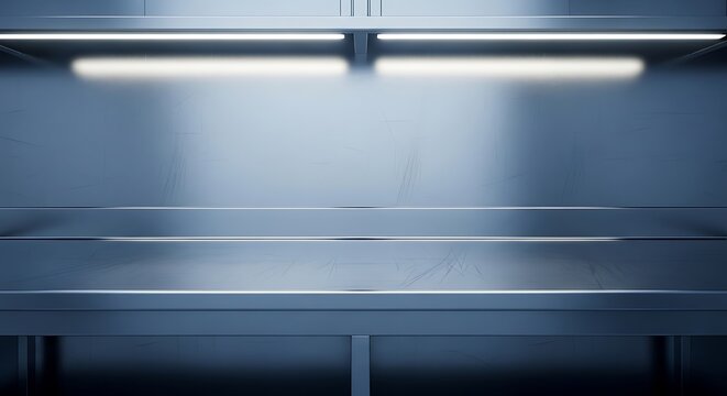 A high-quality empty metallic kitchen contertop featuring a sleek industrial design with overhead lighting and a brushed steel surface for food preparation