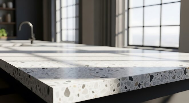 Close-up view of a modern kitchen countertop featuring a stylish terrazzo design with natural stone aggregate in a bright sunlit kitchen space interior