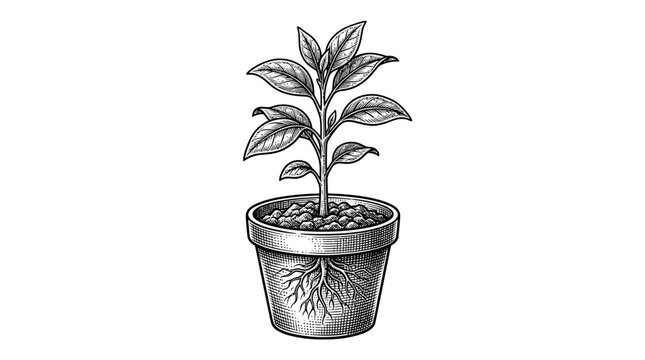 Potted plant sapling with roots vintage engraving.