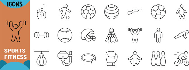 Fototapeta premium Sports and fitness activity icons. soccer ball icon set, dumbbell icon set, boxing glove icon set