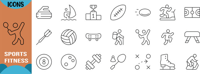 Outline sports activities vector icons. volleyball icon set, dumbbell icon set, skateboard icon set © Arjun