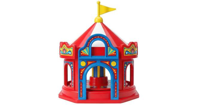 Colorful circus tent with rainbow stripes and yellow flag