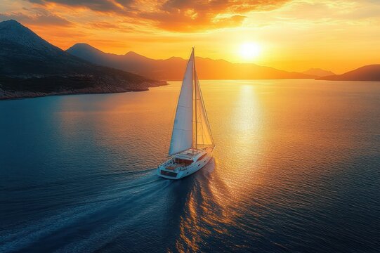 sailboat gliding across calm sea toward glowing sunset with mountains and golden reflections, serene adventurous mood