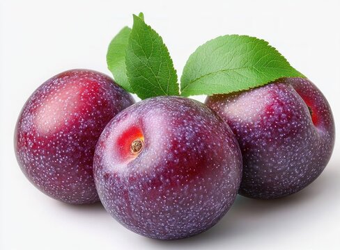Three ripe purple plums with green leaves on white background, fresh and juicy still life
