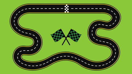 Fototapeta premium Top-Down Winding Race Track Illustration with Checkered Flags