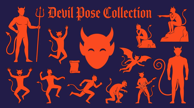Orange Devil Pose Collection - Vector Silhouette Icons of Demons and Satanic Characters