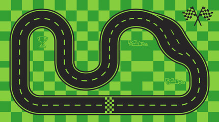Obraz premium Top View Illustration of a Winding Race Track Circuit on Green Checkered Background