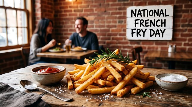 Large plate of golden fries on national french fry day celebration