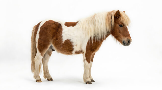 Brown and white Shetland pony standing side profile 1