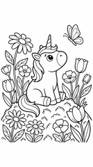 Obraz premium Adorable Baby Unicorn Sitting in a Field of Flowers with a Butterfly, Black and White Outline Illustration for Coloring Pages, Cute Fantasy Creature with Tulips and Daisies, Whimsical Garden Scene