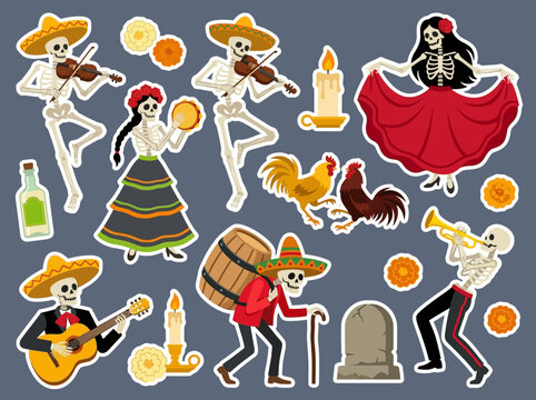 Day of the Dead Sticker Set with Dancing Skeletons, Mariachi Musicians, and Mexican Folklore Symbols