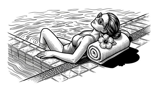 Woman relaxing poolside with towel pillow.