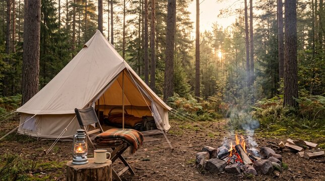 Canvas tent in forest. Glamping site with campfire. Outdoor travel adventure scene.