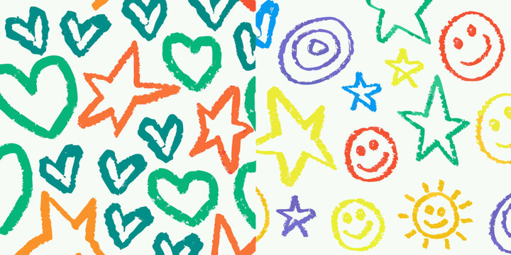 playful colorful crayon doodles of hearts stars and smiley faces on white background drawing childlike artwork pattern fun cheerful bright