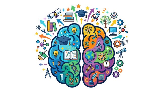 Brain split into two hemispheres showing diverse knowledge and learning symbols and icons.