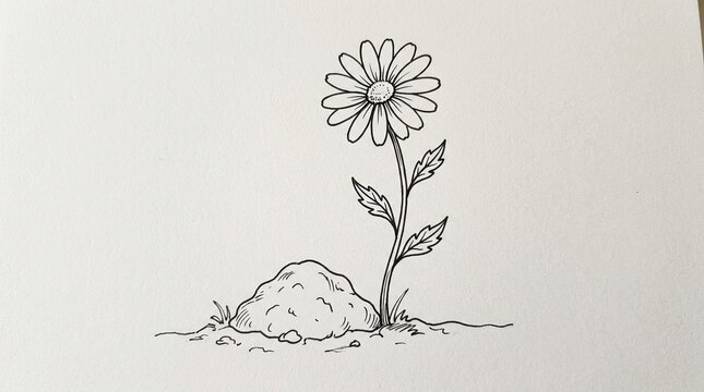 Hand-drawn black and white line art illustration of a simple daisy flower growing from a mound of earth, nature sketch
