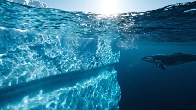 Underwater Orca Swimming Near Massive Iceberg Wall