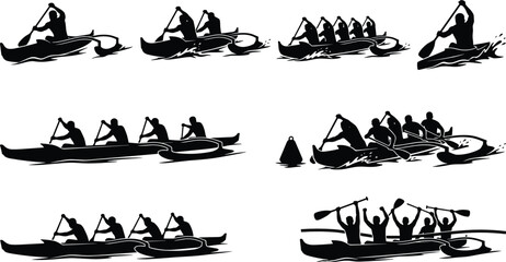 Dragon Boat Racing Silhouette Vector Set Featuring Team Paddlers Competitive Canoe and Water Sport © AlRafin