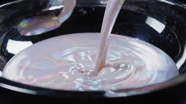 Pouring Iridescent Liquid into a Black Salon Mixing Bowl