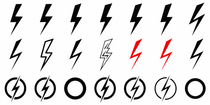 lightning bolt variations in black and red vector icons on white background electricity symbol energy flash thunder storm iconography graphic