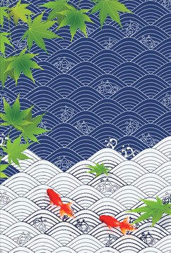 Japanese Style Background with Goldfish and Maple Leaves