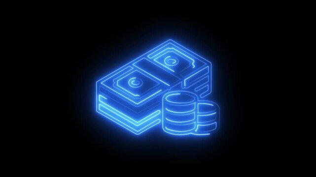 Glowing blue neon money with stack of cash and coins animation
