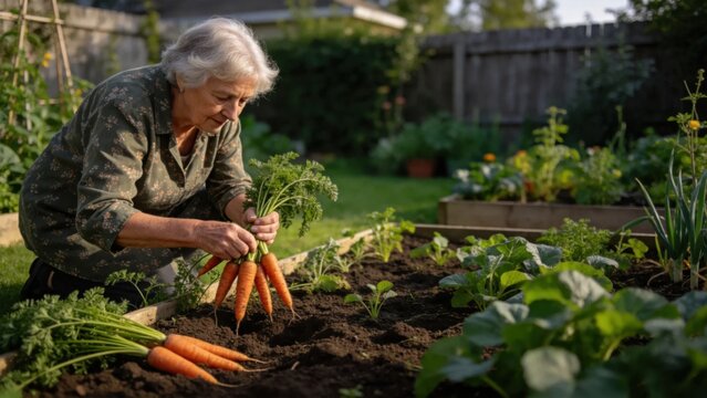Senior woman gathering carrots from rich soil in home vegeta