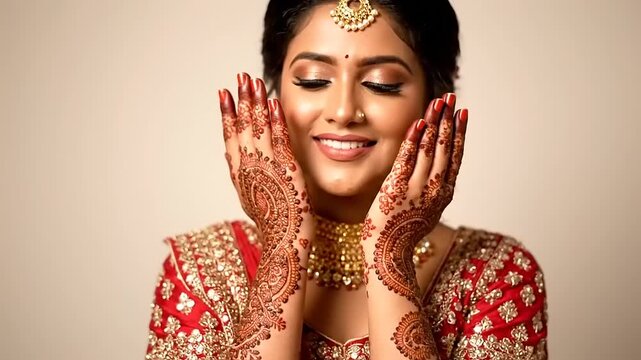 Stunning Indian Bridal Portrait featuring Intricate Mehndi Henna Art and Traditional Gold Jewelry