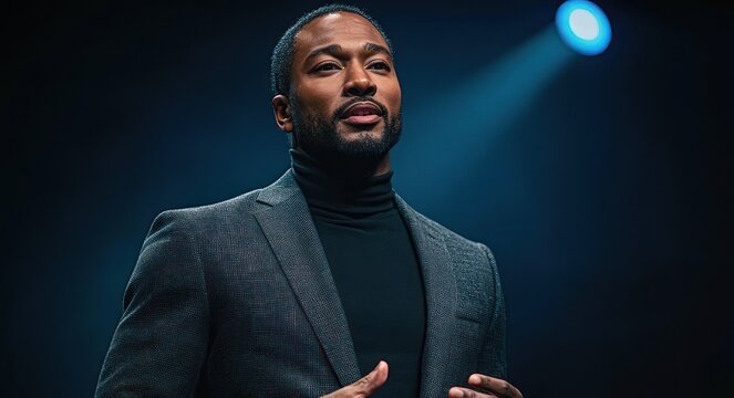 speaker on stage under spotlight wearing gray blazer and black turtleneck gesturing confidently with dramatic blue lighting