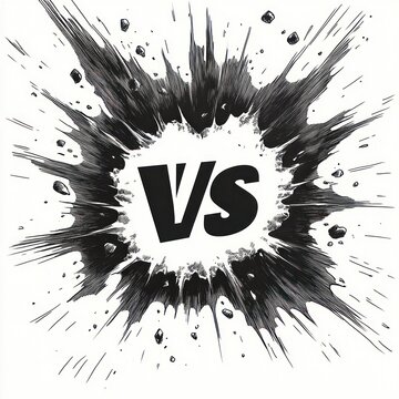 bold VS letters surrounded by dramatic black ink explosion splash conveying energetic confrontation