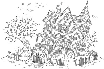 Fototapeta premium Haunted House Coloring Page with Graveyard Fence and Twisted Tree