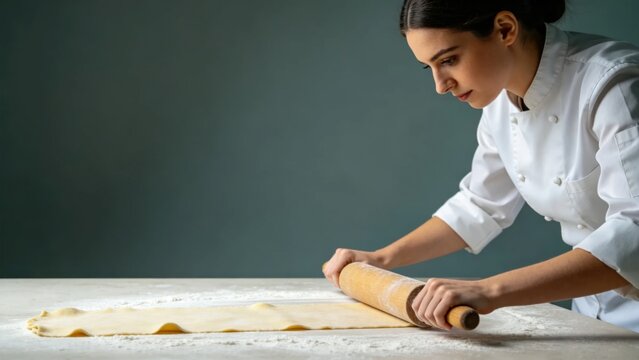 Woman chef rolling fresh pasta dough with wooden pin on flou