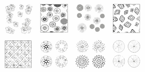 tree top down sketches in black and white vector style top down drawings botanical illustration nature landscape architecture pattern design ornament © Shamal