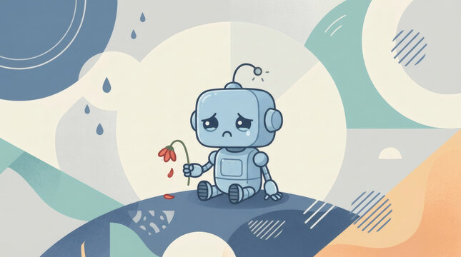 Cute cartoon robot feeling sad and lonely, modern vector illustration