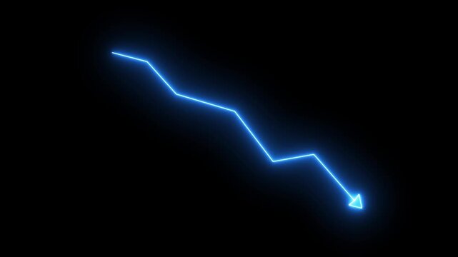 Neon blue financial downtrend graph arrow animation on black background