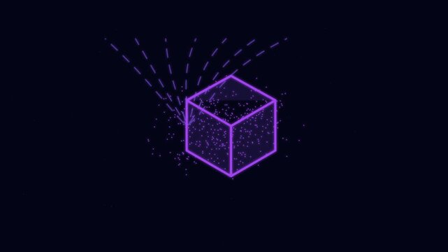 Abstract neon cube with particle flow animation: digital technology 4k background, particles