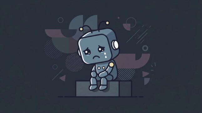 Lonely crying robot sitting on a ledge, modern flat design vector