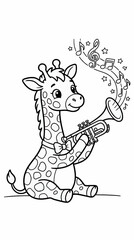 Fototapeta premium Cute Baby Giraffe Cartoon Playing Trumpet with Musical Notes and Stars, Black and White Line Art Illustration, Vector Graphic for Coloring Page
