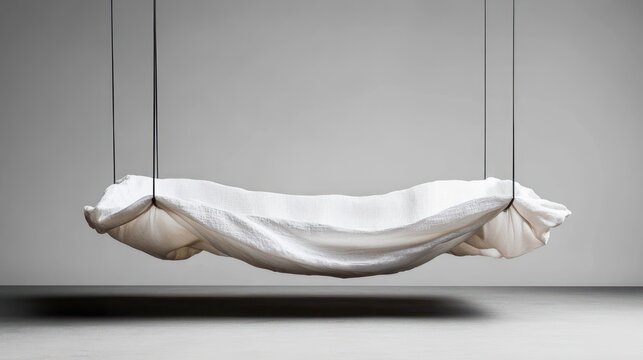 minimalist white fabric hammock suspended by four thin ropes in a gray studio, softly draped and floating above the floor, evoking calm and serenity