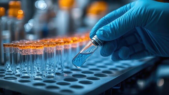 gloved hand holding a small vial of blue liquid above a rack of capped test tubes with orange lids on a laboratory bench, blurred bottles in background, conveying focus and precision